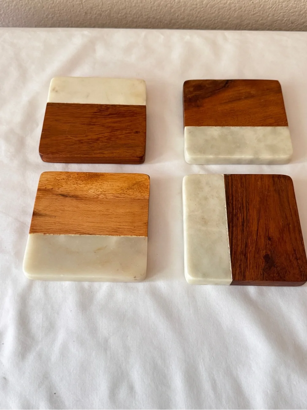 Two-Tone Wood & White Marble Square Coasters - Set of 4